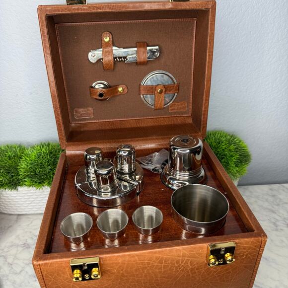 Vintage Sir Rondos Burled Wood and Leather Box Bar Set Made In Italy - Picture 1 of 9